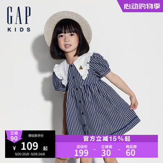 Gap女幼童2024夏季花边娃娃领连衣裙儿童装泡泡袖A字裙545410 海军蓝 110cm (4-5岁) 亚洲尺码