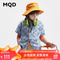 马骑顿 MQD童装男童牛仔格纹衬衫学院感小熊短袖衬衣 浅牛仔蓝 140cm