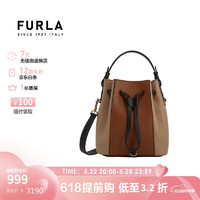 芙拉（FURLA）MIASTELLA系列女士迷你抽绳菜篮子包 咖啡色+棉焦糖色拼色