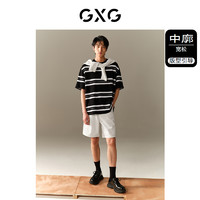GXG 男装 肌理系列黑白条纹领口宽罗纹圆领短袖T恤 2023年夏季新品