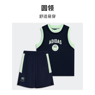 adidas休闲凉感圆领短袖套装男大童夏季阿迪达斯轻运动 传奇墨水蓝/浅绿 134CM