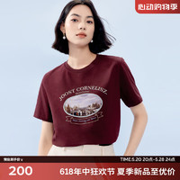 伊芙丽（eifini）伊芙丽凉感复古精致贴布绣花油画两色宽松T恤女2024夏装短袖 酒红 170/92A/XL