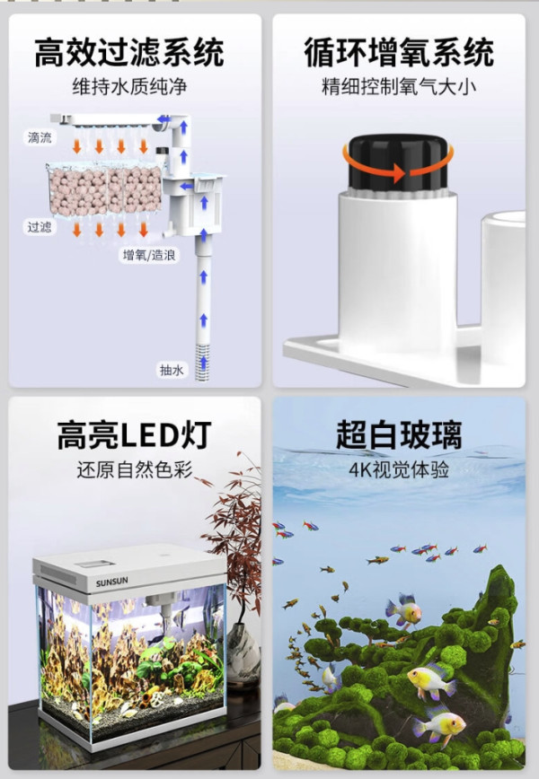 sunsun森森超白玻璃鱼缸250标配带滤材棉