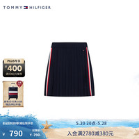 TOMMY HILFIGER24春夏童装女学院风拼色织带百褶针织短裙TH2422700 藏青色654 S/140cm