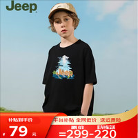 JEEP吉普童装运动宽松短袖夏季纯棉女童男童印花上衣吸汗儿童T恤 黑色 175