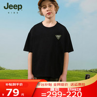 JEEP吉普童装运动宽松短袖夏季纯棉女童男童印花上衣吸汗儿童T恤 黑色（1350） 175