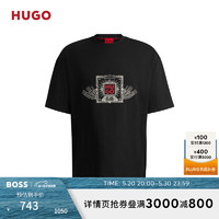 HUGO男士24夏季季节元素图案刺绣装饰棉质平纹针织T恤 001-黑色 EU:XL