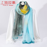 上海故事丝巾女士2024春夏梦幻优柔纱喷绘长巾礼盒 亭亭朝颜 蓝色