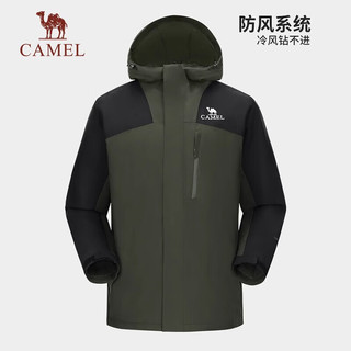 骆驼（CAMEL）拼色夹棉冲锋衣男女棉服外套防风防水户外登山服 A13CA70135，黑橄榄/幻影黑，男 XL