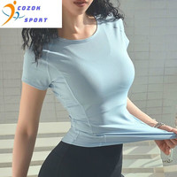 COZOK 运动短袖女速干衣夏跑步衣瑜伽服美背网眼弹力修身训练T恤 浅粉 L