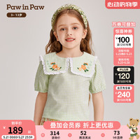 PawinPawPawinPaw卡通小熊童装2024年夏季女童撞色格纹绣花衬衫 Green绿色/40 1