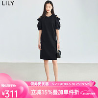 丽丽 LILY2024夏季优雅气质小黑裙泡泡袖露肩垂坠舒适简约连衣裙 510黑色 L