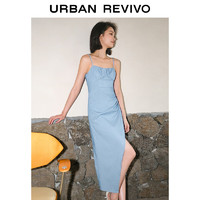 UR2024夏季女装设计感收腰褶皱开衩吊带连衣裙UWG840192 蓝色 XS