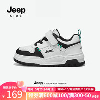 Jeep 吉普 儿童轻便运动鞋春季男童鞋子2024女童软底皮面板鞋春秋款 白黑 36码 鞋内长约22.8cm