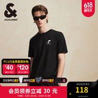 杰克琼斯 杰克·琼斯（JACK&JONES）男装短袖男潮流百搭牙刷绣半袖上衣男纯棉圆领短袖T恤男夏季衣服 E40 黑色 常规 E40 黑色 175/96A/M