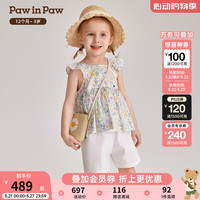 PawinPaw卡通小熊童装2024年夏女宝宝满印小飞袖短裤套装 L/Green浅绿色/41 100cm