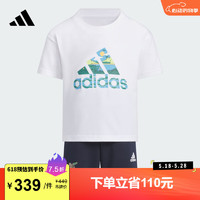 adidas PEMSLOU联名印花上衣圆领短袖套装男小童夏阿迪达斯轻运动 白/传奇墨水蓝 116CM