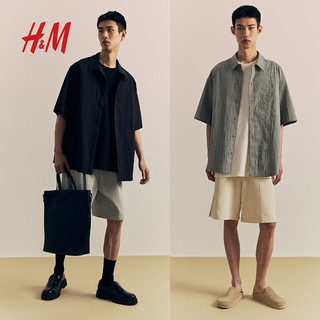 H&M2024夏季新款男装时尚休闲百搭纯色宽松皱感衬衫1225687