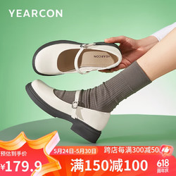 YEARCON 意尔康 玛丽珍鞋简约浅口单鞋春款粗跟圆头乐福女鞋 29033W 米白 37
