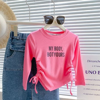 WEIMIYA 薇靡雅 新款女童韩版双侧抽绳字母印花弹力长袖T恤上衣 5413粉色 100cm