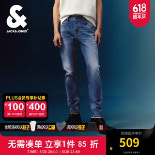 杰克·琼斯（JACK&JONES）夏季修身百搭舒适时尚水洗猫须设计弹力牛仔裤长裤男裤24232027 E39 中蓝牛仔 常规 180/86A/LRW