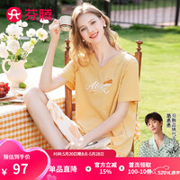 芬腾睡衣女【花卉100%棉】2024夏季V领短袖五分裤套头家居服女士套装 豆黄 S