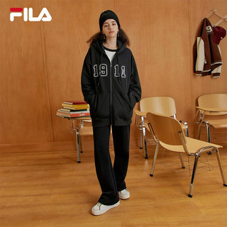 FILA 斐乐款针织连帽外套冬季时尚宽松加绒上衣 正黑色-BK 180/100A/XL