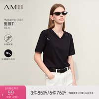 AMII2024夏弹力棉氨精梳刺绣V领短袖修身套头T恤女款 黑色  165/88A/L