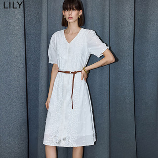 丽丽 LILY2024夏新款女装气质温柔设计感蕾丝显瘦腰带短袖连衣裙小白裙 601白色 S