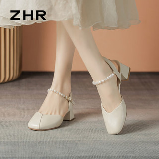 ZHR包头凉鞋女2024夏季外穿一字带浅口仙女风法式粗跟女鞋 米色 38
