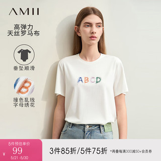 AMII2024夏休闲百搭圆领撞色字母线绣直筒弹力T恤女款 米白 155/80A/S