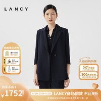 朗姿 LANCY2024夏季白色简约九分袖一粒扣系带通勤西装外套女 藏蓝色 XL