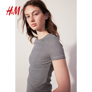 H&M女装T恤2024夏季海军蓝条纹修身短袖莫代尔棉质上衣1157799 海军蓝/条纹 1