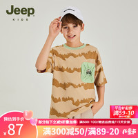 Jeep吉普童装男童t恤短袖2024年夏装女童上衣中大童宽松 卡其 130cm  【身高125-135】