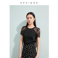 KAXIWEN 佧茜文 浪漫蕾丝拼接T恤女2024年夏季女装气质修身上衣女