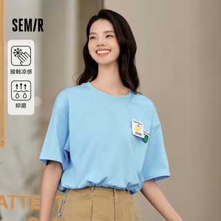 森马（Semir）【夏日T恤合辑】短袖T恤女中长款满印夏印花落肩上衣宽松显瘦潮流 D款萌趣蔬果-天空蓝81114 160/84A/M