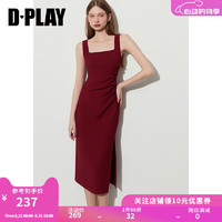 DPLAY 夏新气质奶油杏方领修身弹力捏褶侧开衩无袖连衣裙 果酱红 XL