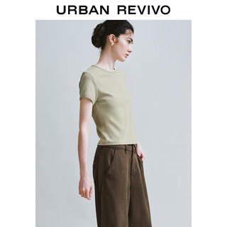 URBAN REVIVO 女士简约基础纯色修身正肩短袖T恤 UWH440048 卡其绿 XL