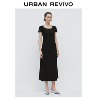 URBAN REVIVO 女士时尚简约收褶后开衩修身连衣裙 UWJ740022 黑色  L