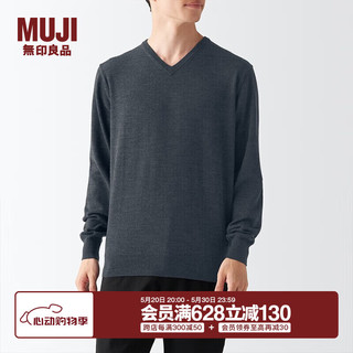 无印良品 MUJI 男式 美利奴羊毛 可水洗V领毛衣 长袖针织衫 男士 AAA09A2A 深灰色 L (175/100A)