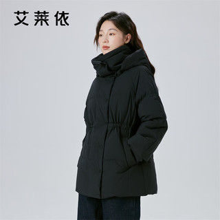 艾莱依羽绒服女2023款短款收腰可拆卸帽双排扣质感鸭绒外套冬 炭黑160 M【160/84A】