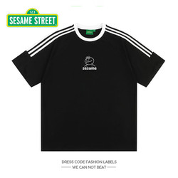 SESAME STREET 芝麻街夏季休闲运动五分短袖T恤男潮牌冰丝五分袖上衣汗衫黑色L