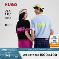 HUGO【100%棉 男女同款】 24夏季双图案宽松棉质短袖T恤 001-黑色 L