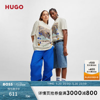 HUGO【男女同款】男士2024夏季复古艺术图案棉质平纹针织T恤 121-浅米色 EU:XL