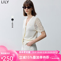 丽丽 LILY2024夏季新品曲珠纱线V领设计感蕾丝拼接泡泡袖显瘦针织开衫 604米白