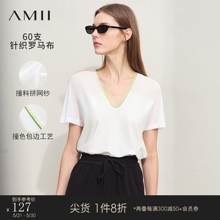 AMII2024夏通勤撞色V领撞料拼接网纱T恤女修身显瘦短袖12442230 米白 170/92A/XL