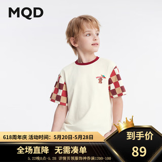 马骑顿（MQD）MQD男大童24夏新款拼接卡通棋盘格小熊短袖T恤 米白 1