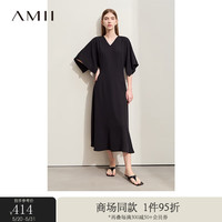 AMII2024夏新款通勤V领不规则连袖连衣裙女宽松垂感收腰小黑裙子 电光蓝 155/80A/S