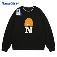 NASA GISS 卫衣男春秋季华夫格圆领上衣男士假两件宽松打底衣服 黑色 L