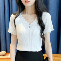 燠陽 冰絲t恤女裝新款韓版紐扣V領上衣針織打底衫cj (短)袖-白色